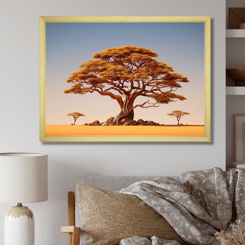Arbre africain Tonnelle IV sur toile, Encadrement doré, H 34 po x l 44 po x P 1,5 po