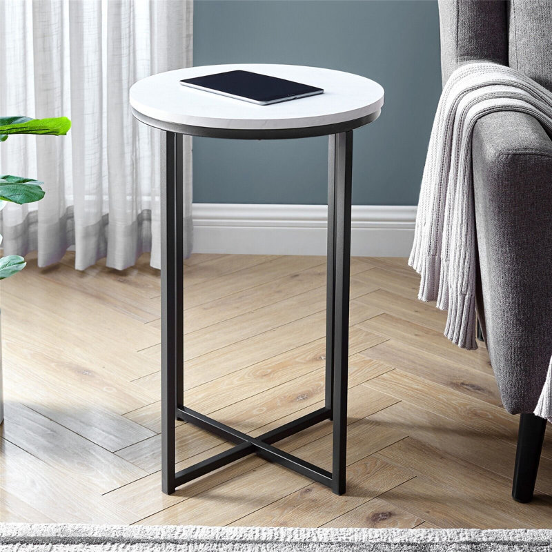 Mugsy Cross Legs End Table, White Marble, Black