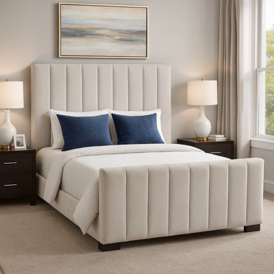 Eva Bed, Vertical Channel Tufted Blush Velvet Upholstery