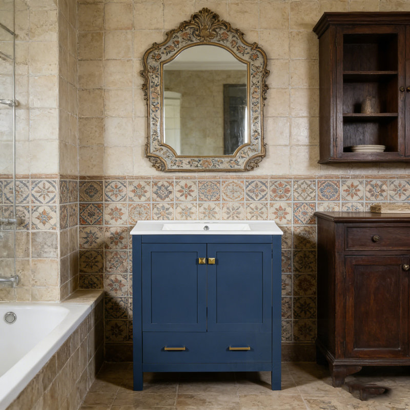 Meuble-lavabo de salle de bain avec lavabo simple, 2 portes et un tiroir, Bleu