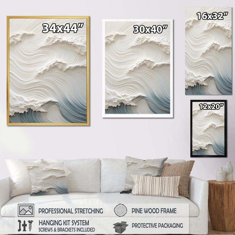 «White and Blue Wave Papercut Style I - Coastal Waves», impression sur toile, H 20 po x l 12 po x P 1 po, Encadrement argenté