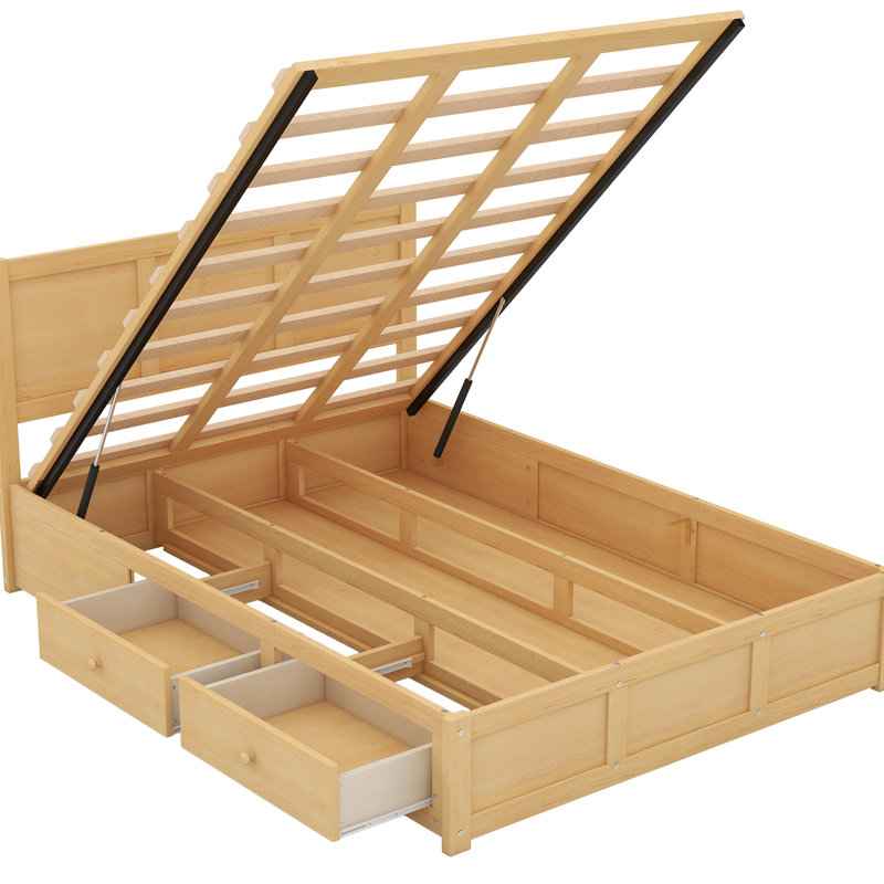 Lit plateforme en bois avec espace de rangement inférieur et 2 tiroirs - stable, couleur naturelle, meubles de chambre à coucher