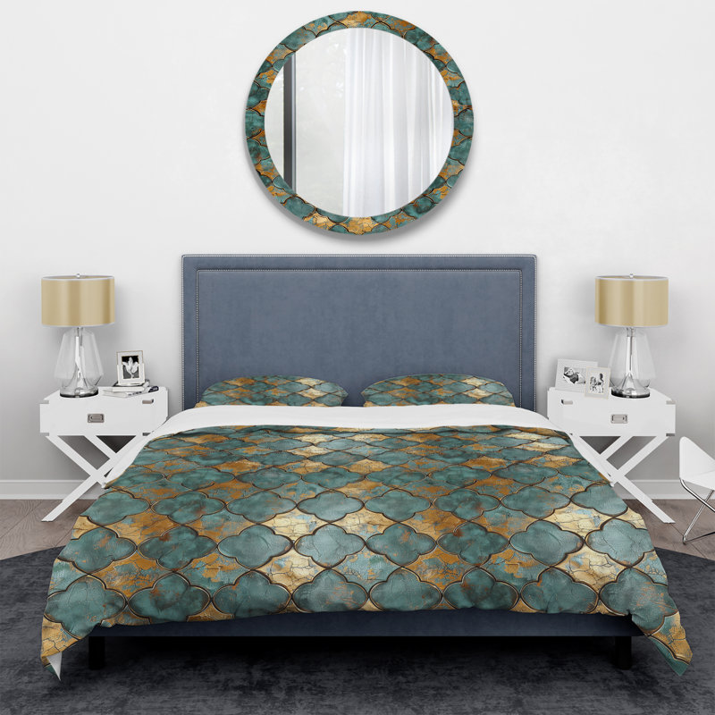 Ensemble de housse de couette Turquoise Metallic Octagon III - Glam, Housse de couette pour grand lit + 2 taies décora