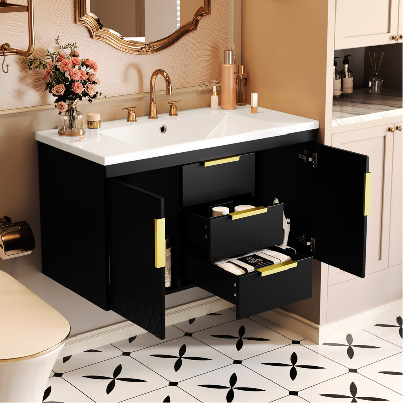 Meuble-lavabo 36 po, rangement mural flottant avec 2 tiroirs, glissière lisse, meuble-lavabo moderne en résine avec finition peinte imperméable 36 po x 18 po, poignées rouille de haute qualité