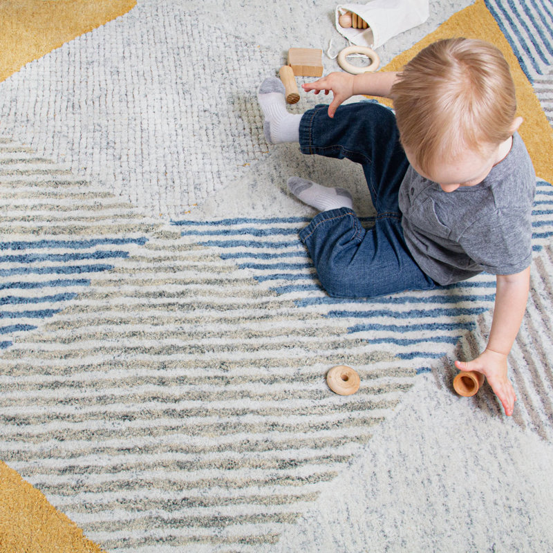 Griffin Geometric Handmade Tufted Wool Blue/Gray/Yellow Area Rug, Rectangle 8' x 10'