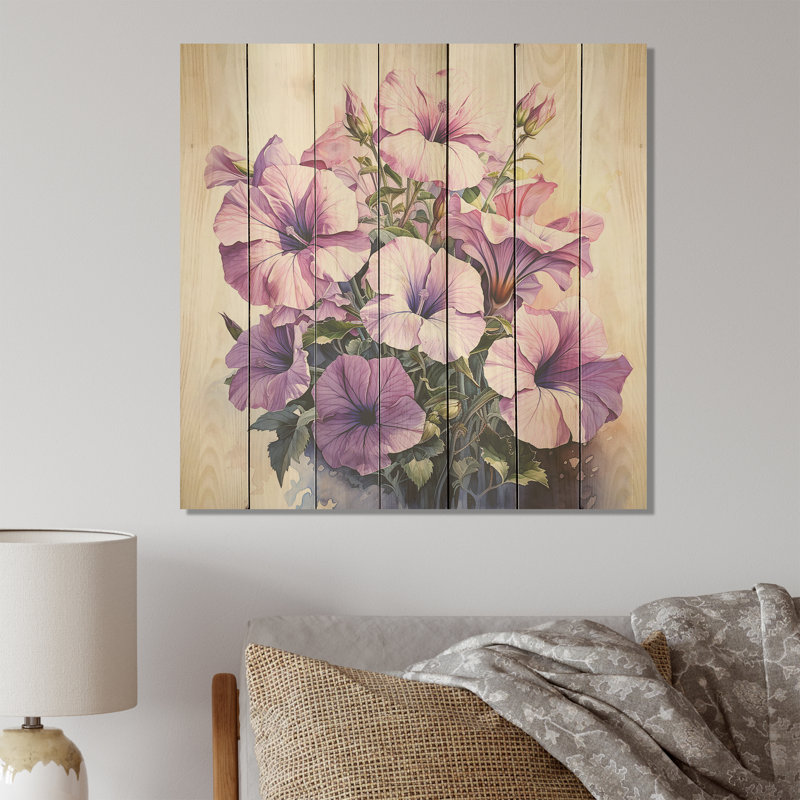 Mauve pétunia parade I - Pétunias sur bois, H 15 po x l 15 po