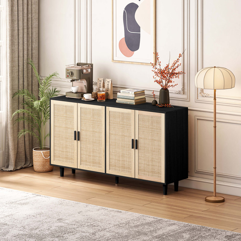 Wood Console Table with 4 Doors,Shelves, Black/Beige