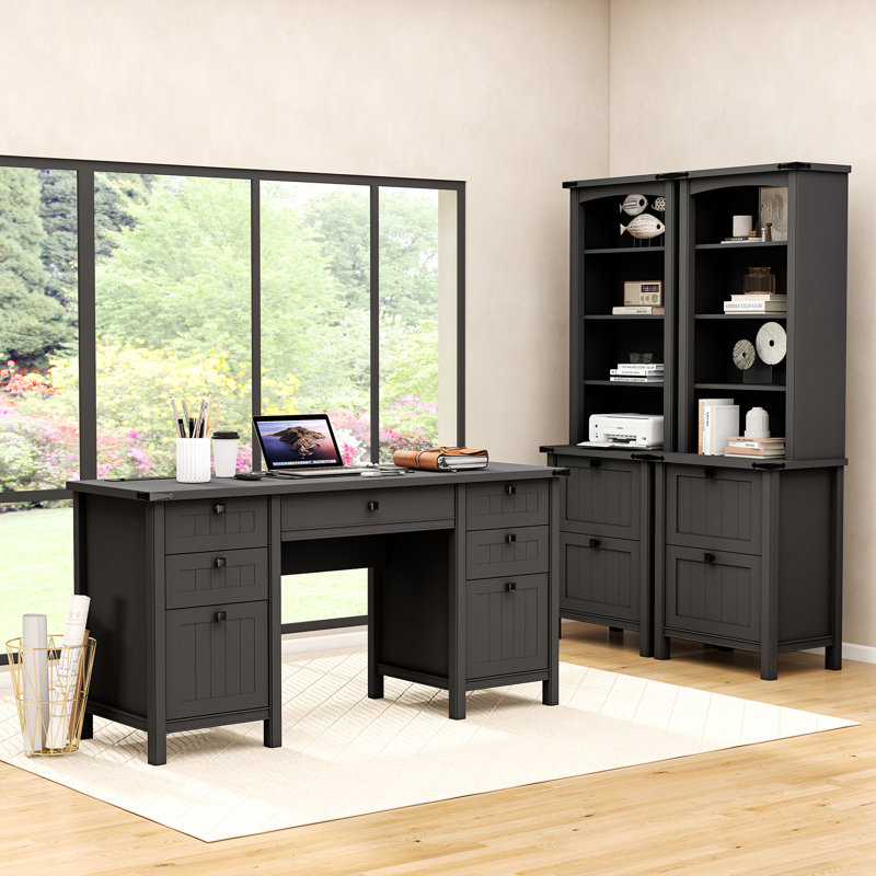 Ensemble de bureau 3 pièces, bureau d'ordinateur avec 2 bibliothèques, Noir