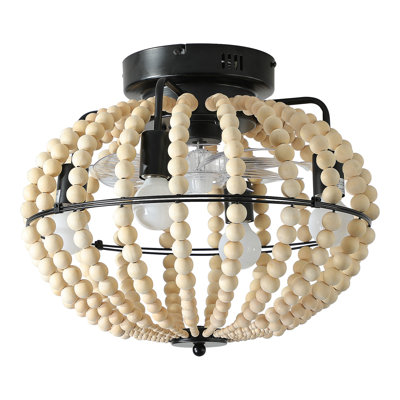 18" Bohemian Wood Beaded Ceiling Fan With Light, Flush Mount Caged Ceiling Fan, Rustic Farmhouse Low Profile Fan Light Fixture For Indoor Home Decor (Silent/6-Speed/Reversible/DC Motor) (No Bulbs)