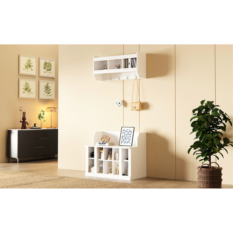 Shoe Storage Bench With Hall Tree And Wall Mounted Hooks, Black, 176lbs Support, Adjustable For Entryway, White