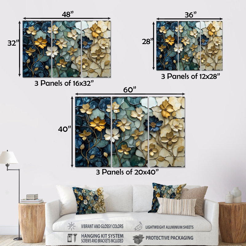Ensemble de salon art mural bleu et bleu coquelicots Wilderness Poppies, Métal métal, H 40 po x l 60 po x P 1 po