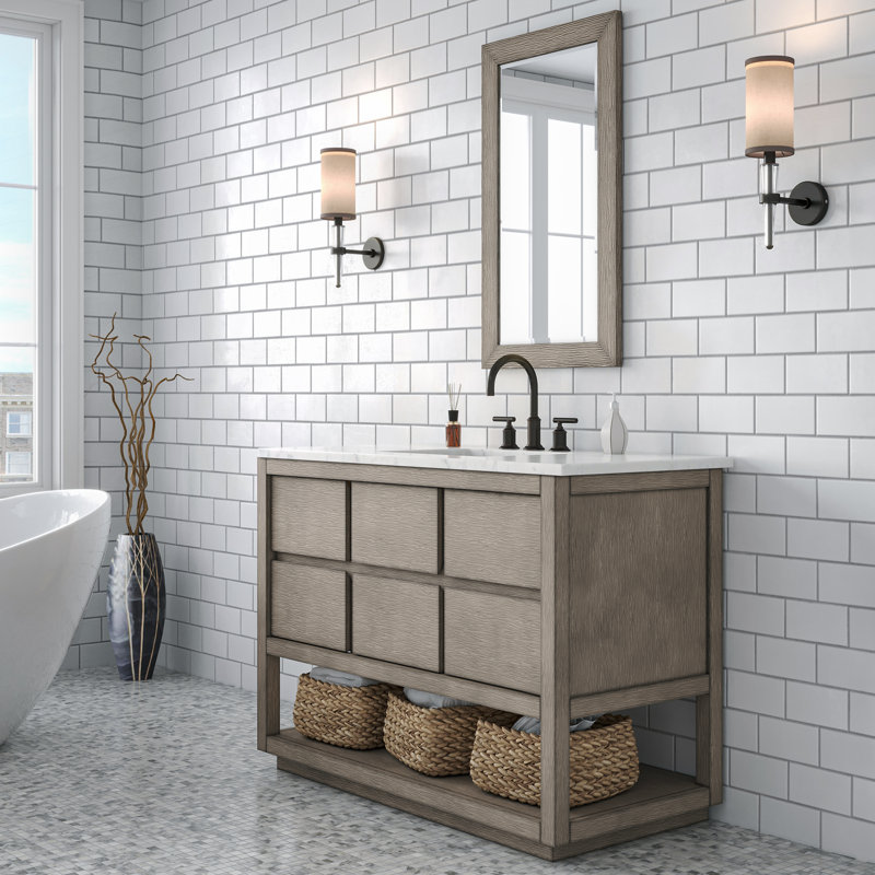 Oakman 48 In. Double Sink Carrara White Marble Countertop Bath Vanity In Grey Oak With ORB Faucet