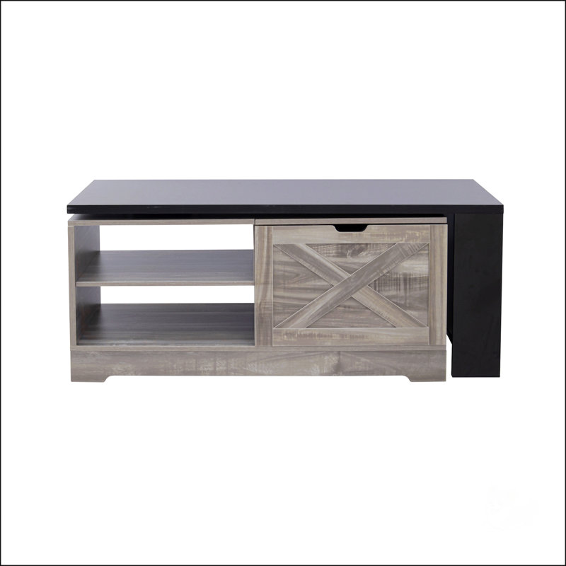 Table basse à plateau relevable U-Can avec portes de grange, table centrale rectangulaire en bois avec grand rangement caché et armoire ouverte