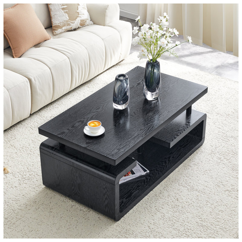 Table basse à trois niveaux en panneau de fibres à densité moyenne avec finition grain de bois noir