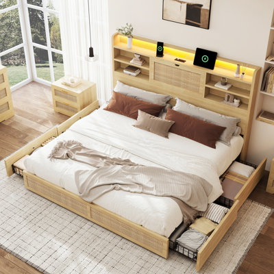 Bed Frame With 4 Drawers For Storage, A Rattan Bedside Storage Cabinet That Flips Down, An Inbuilt Charging Station And Led Lights