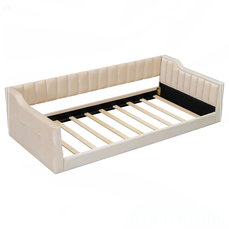 Lit de repos simple simple TG et poche de rangement latérale, Beige, Lit simple