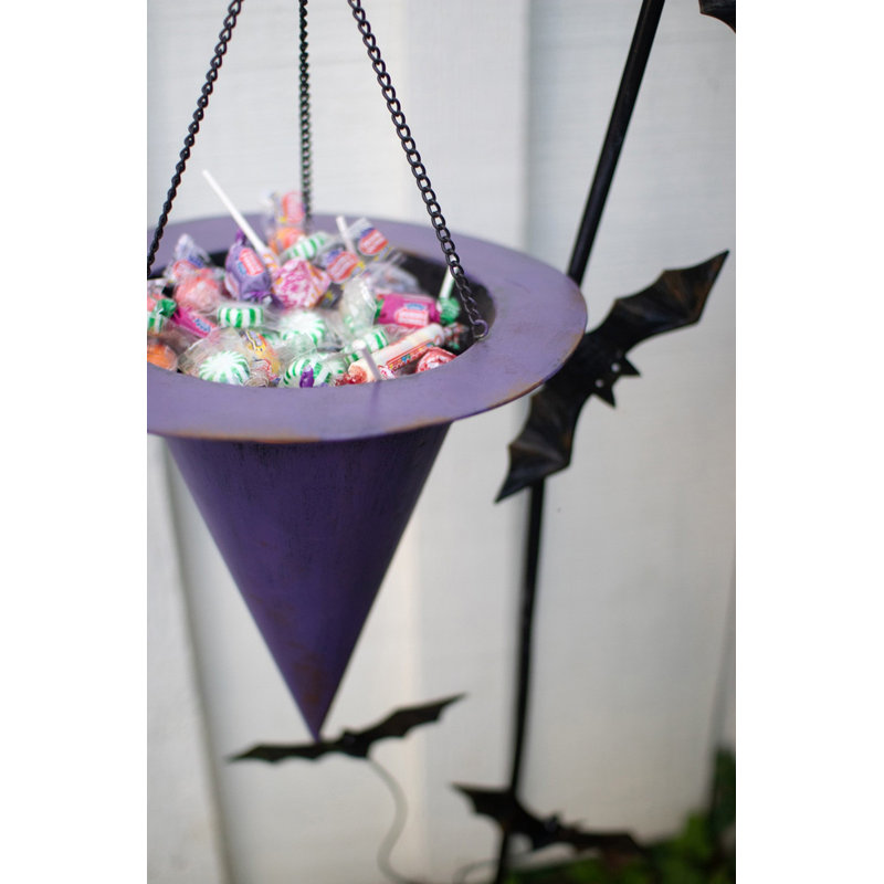  Painted Metal Halloween Witch Hat with Bats Candy Holder – Spooky Yard Decor