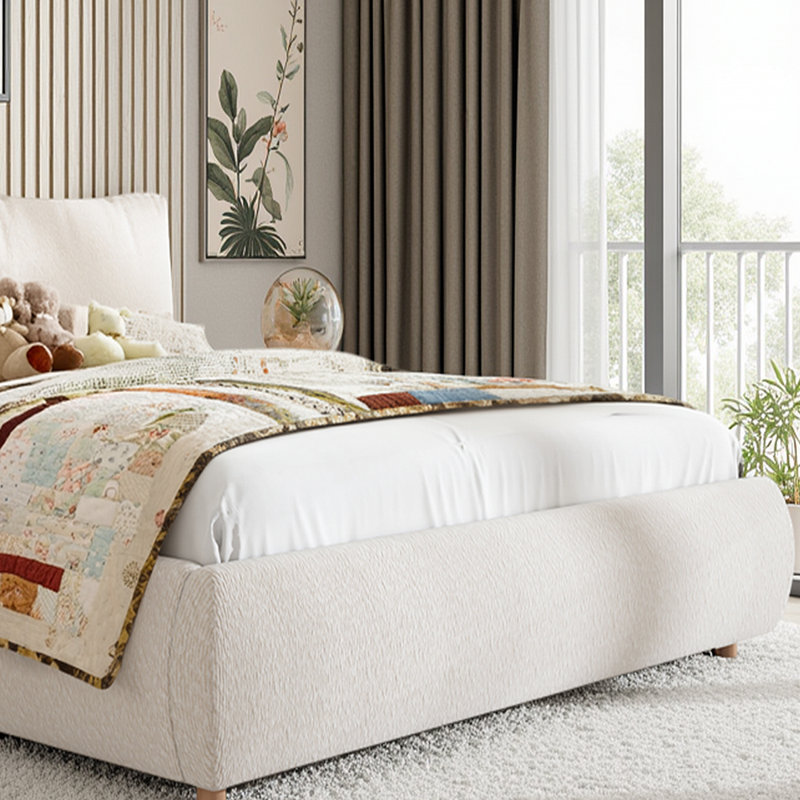 Lit plateforme tapissier en tissu avec tête de lit amovible Boucle, blanc, sans sommier tapissier, Grand lit