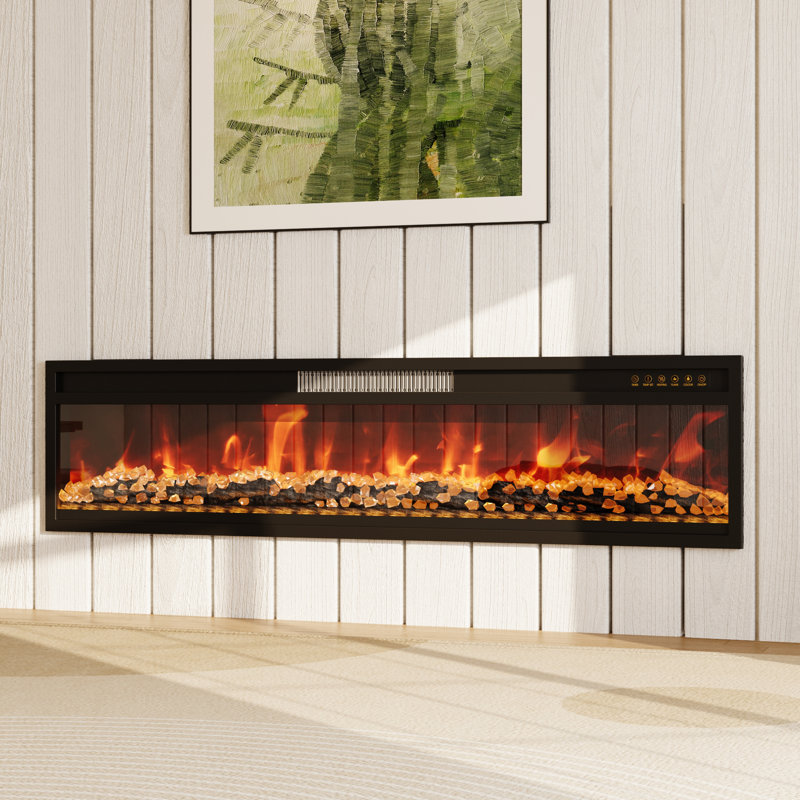 Modern Electric Fireplace - 1500W Heater, 12 Colour LED, Remote Control, With Crystal & Log Set, Adjustable Temperature & Brightness