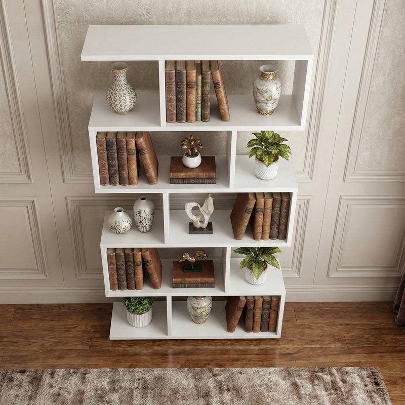 Geometric Minimalist 10 Shelves Bookcase, Porcelain