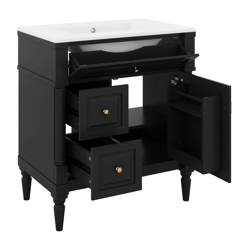 Meuble-lavabo 30 po avec lavabo, ensemble de meuble-lavabo autoportant avec tiroir rabattable, 2 tiroirs et tablette réglable