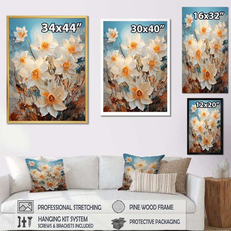 «Daffodils Tranquility Floral Field», reproduction sur toile, Cadre naturel flottant, H 32 po x l 16 po x P 1 po