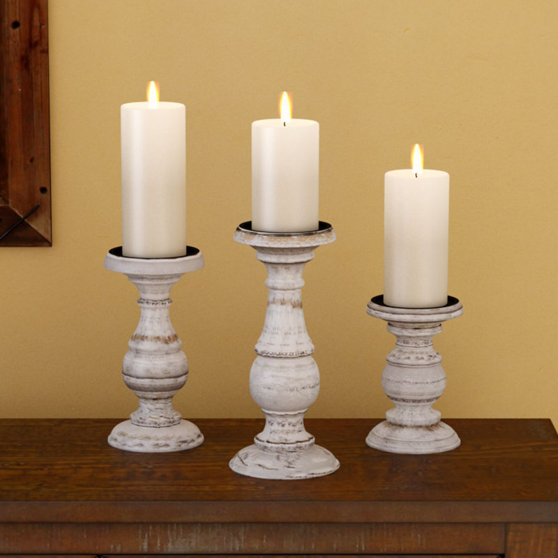Mango Wood Turned Style Pillar Candle Holders, White/Rose Blush