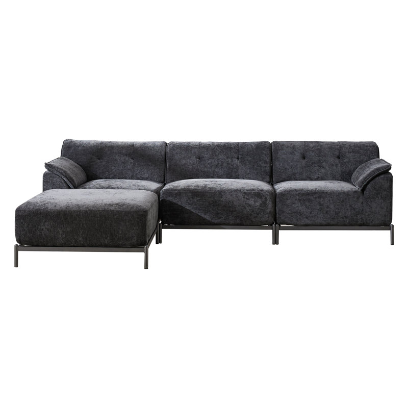 106.3" L-shape Sectional Sofa with Ottoman, Black Chenille