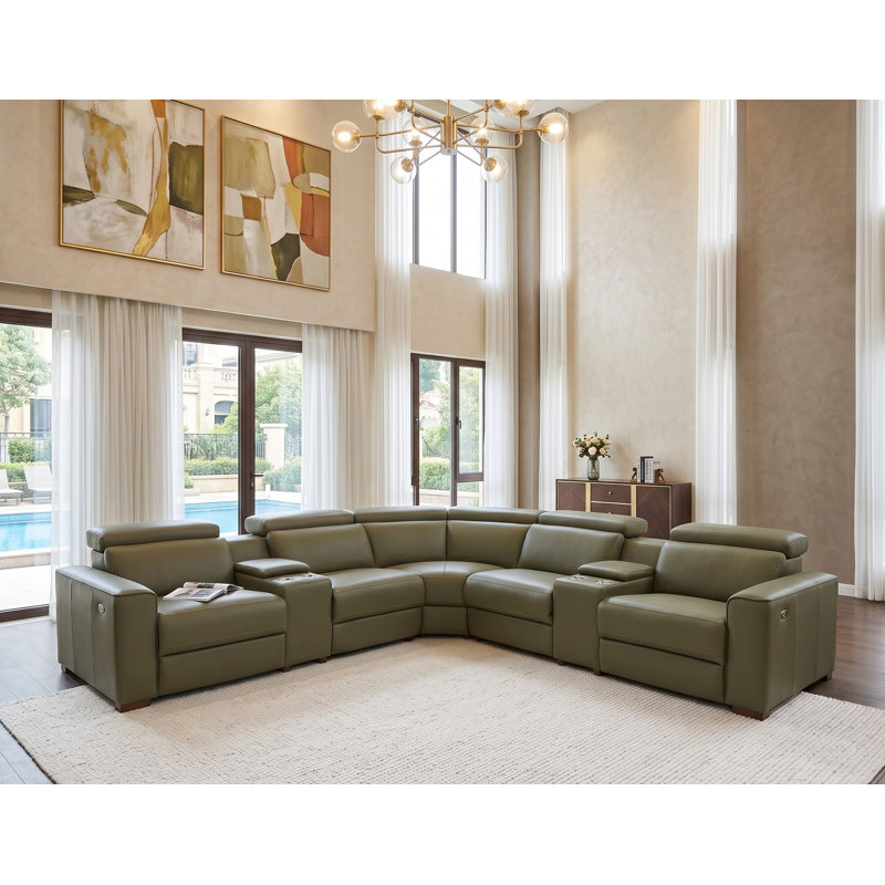 Brentkil Top-Grain Leather Reclining Modular Sectional, Olive Top Grain Leather