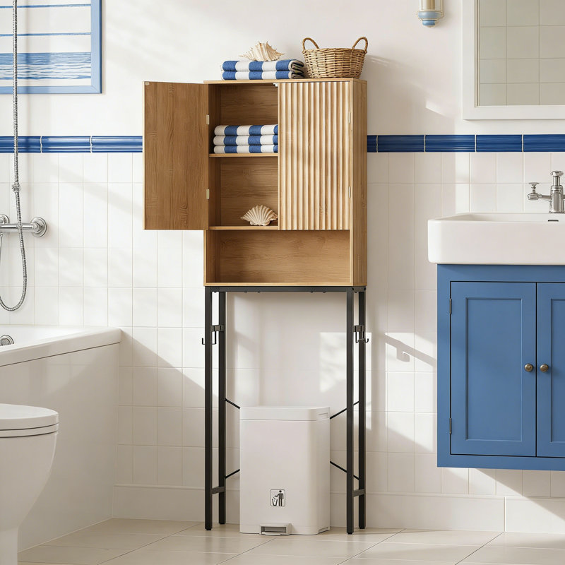 Armoire de rangement au-dessus de la toilette avec tablette réglable, organisateur de salle de bain autoportant avec structure en métal, armoire haute peu encombrante pour les essentiels de salle de bain, style bois naturel