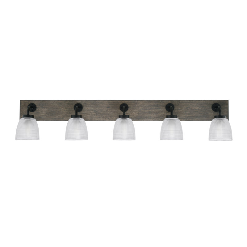 Oxbridge 5 Light Bath Bar Shown With 5" Clear Ribbed Glass, Matte Black/Distressed Grey