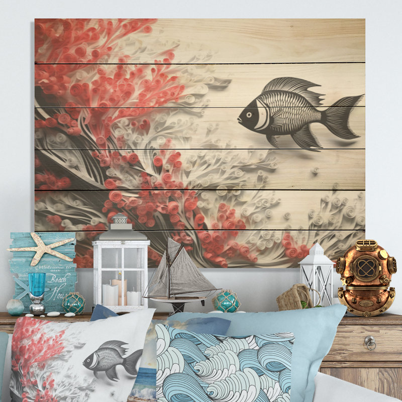 Monogramme noir et rouge en forme de poisson - corail côtier sous l'eau, art mural sur bois de pin naturel, H 10 po x l 20 po