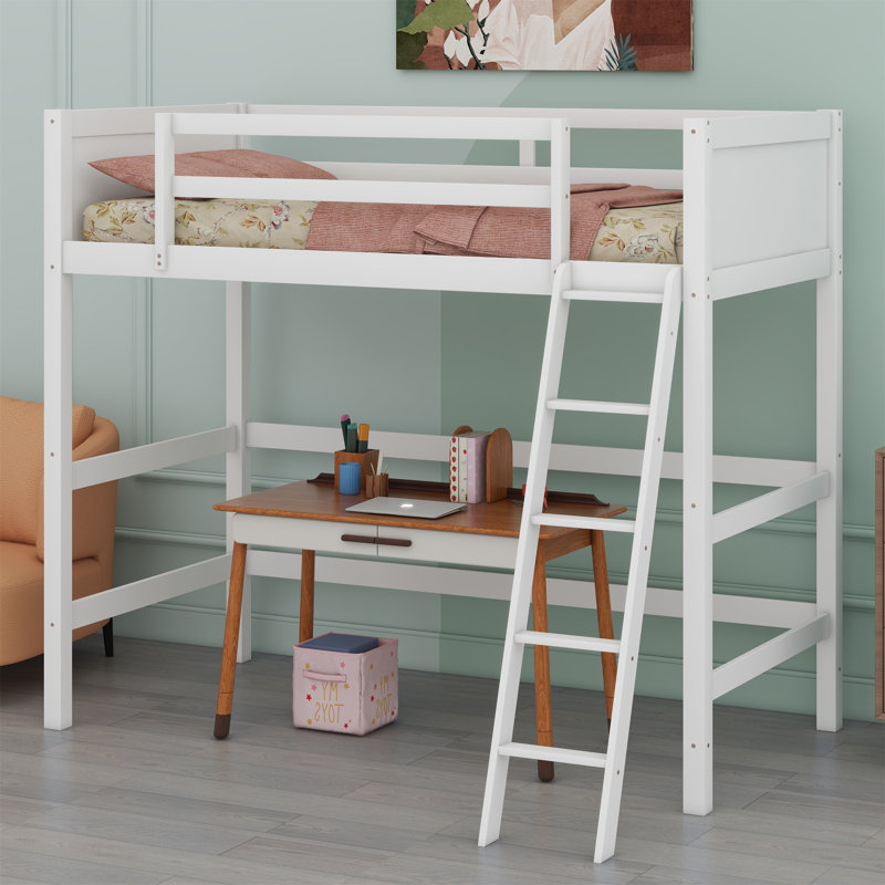 Lit mezzanine en bois avec échelle, Blanc
