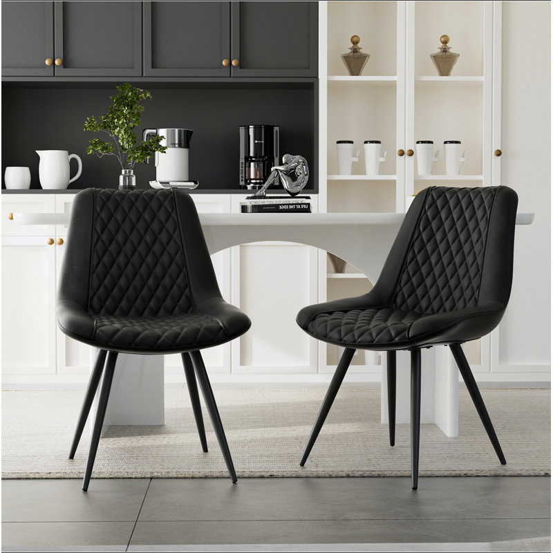 Ensemble de 2 chaises de salle à manger en cuir polyuréthane noir - Conception ergonomique à point losange avec structure en fer