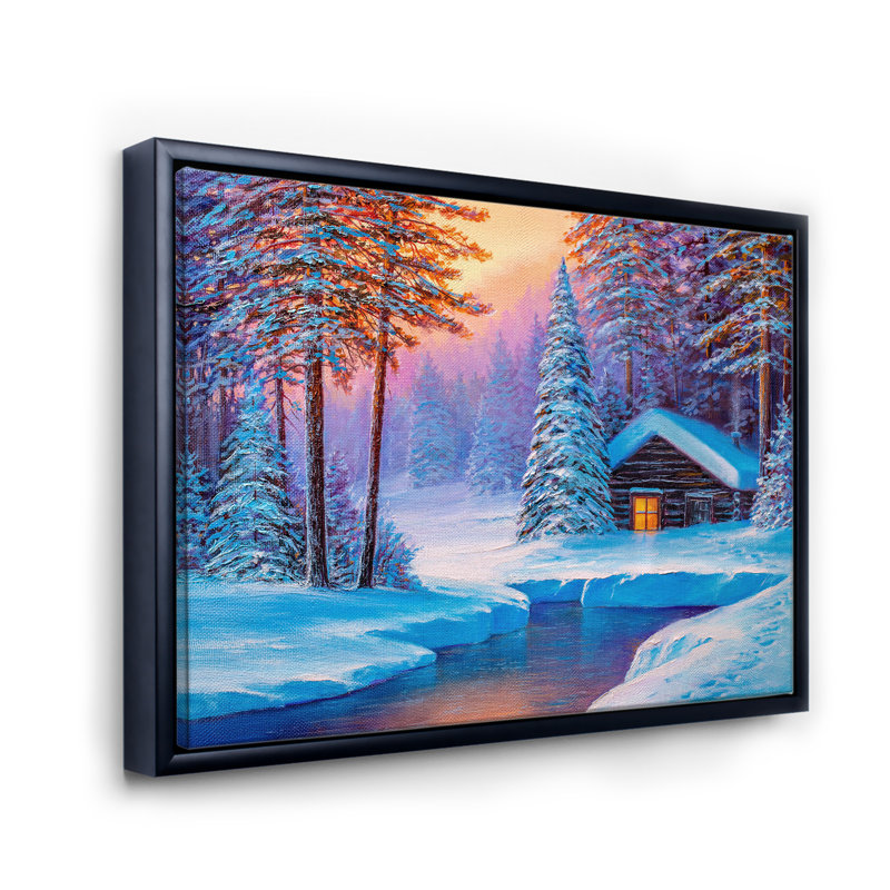 «Old Cabin In Winter Forest I», reproduction sur toile flottante, H 12 po x l 20 po x p 1 po, Cadre noir