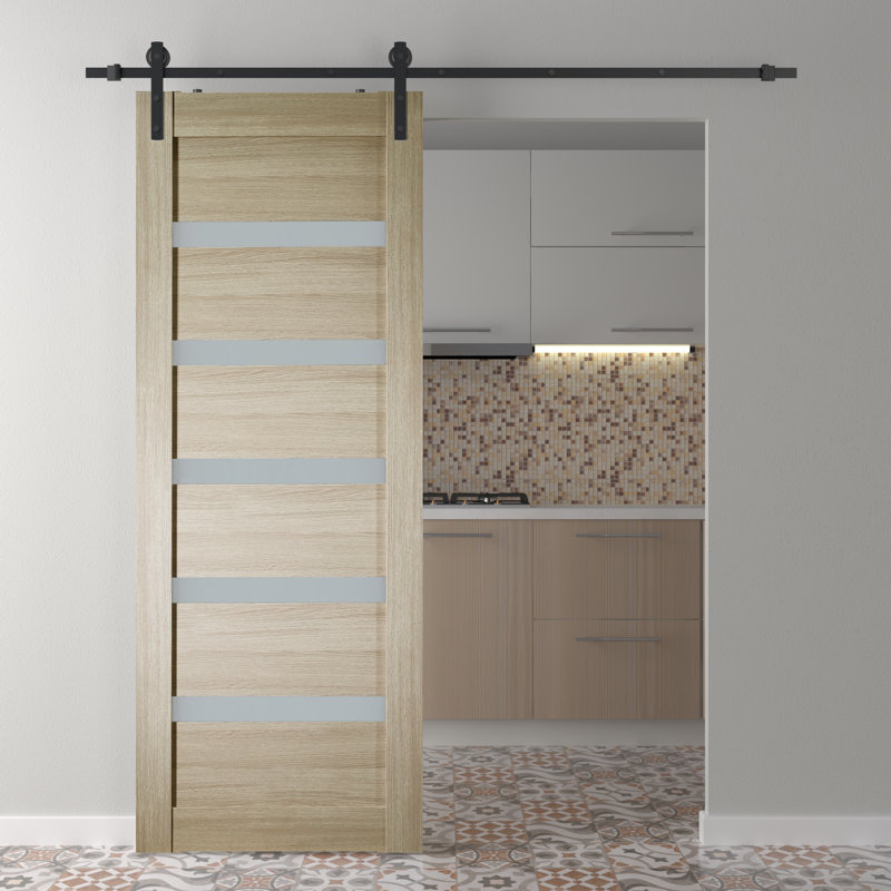 Leora Paneled Manufactured Wood and Glass Prefinished Barn Door with Installation Hardware Kit