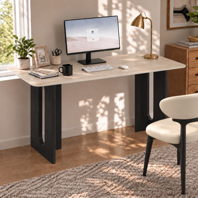 Bureau rectangulaire de 160 cm avec plateau en pierre frittée et double piètement en bois massif