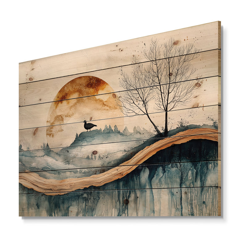 «Goose Animals Into A Winter Horizon I», reproduction sur bois d'un animal d'oie - sur bois de pin naturel, H 10 po x l 20 po
