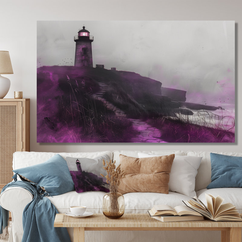 Mauve et gris, phare brumeux, rocher I - phares, art mural, H 40 po x l 60 po, Toile tendue
