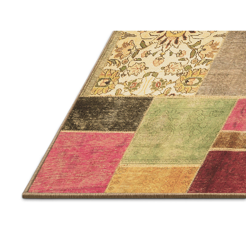 Tapis jaune / gris en laine tissé à la machine Patchwork, Rectangle 2 pi x 3 pi