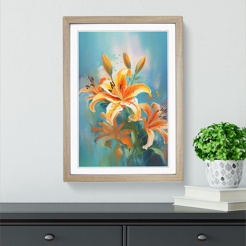 Lily Flower Impressionism No.2 - Single Picture Frame Print on Wood, 64cm H x 46cm W x 2cm D, Oak Framed
