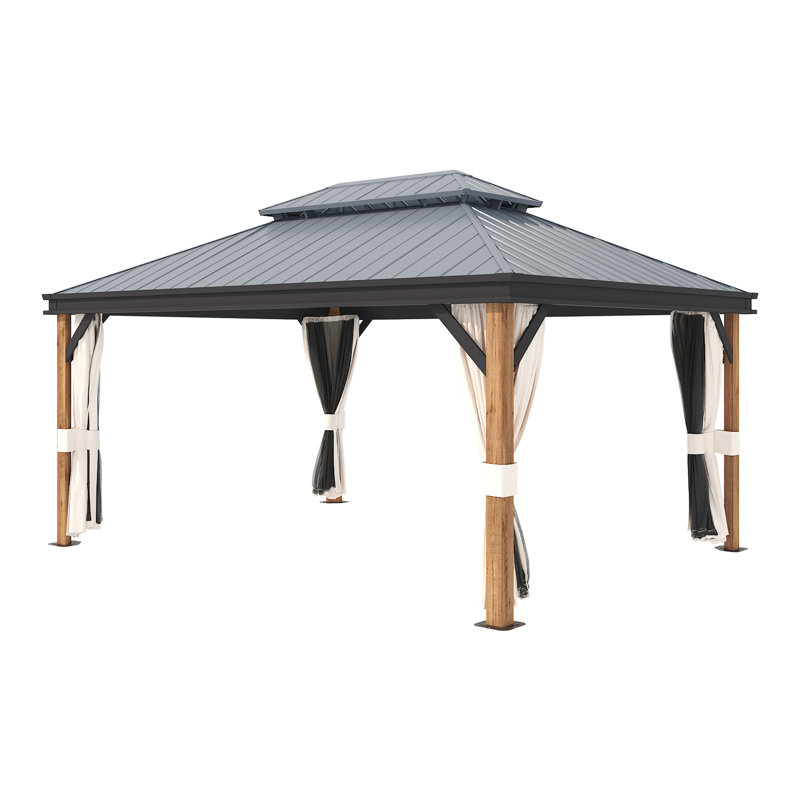 12 x 16ft Hardtop Aluminum Gazebo with Galvanized Steel Double Roof, Mosquito Netting and Privacy Curtains, Wood Grain Patio Gazebo for Backyard Gatherings, Relaxation & Outdoor Entertaining