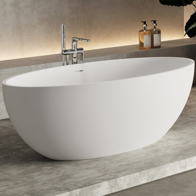 55 In. X 30.7 In. Solid Surface Freestanding Flatbottom Soaking Bathtub With Drain In Matte White