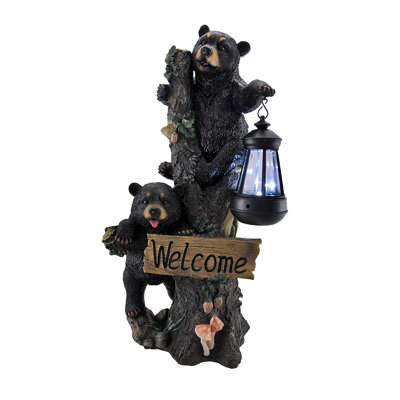 Jandiel rustic multicolored cold-cast resin climbing bear cubs outdoor garden statue with solar LED lantern — 18.75 x 8.75 x 5.75 inches