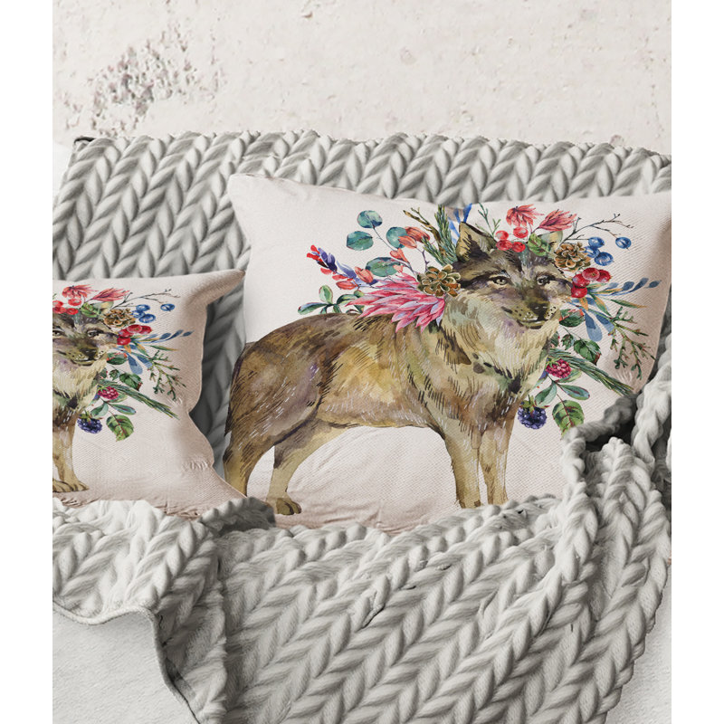 Carré, loup avec des fleurs de la forêt - coussin décoratif imprimé maison de campagne, 16" x 16"