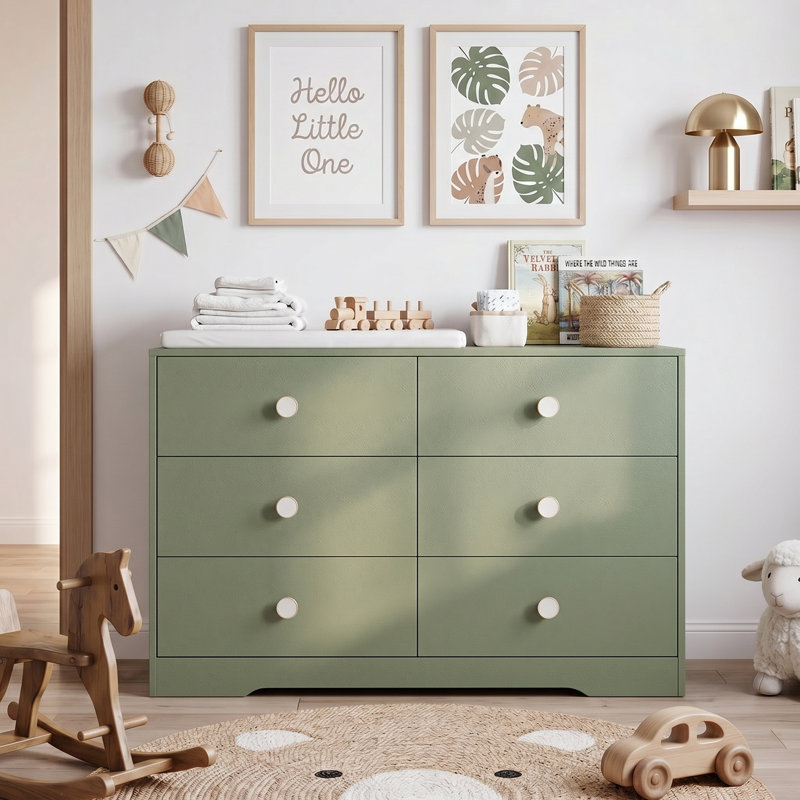 Commode 6 tiroirs pour chambre d'enfant, commode en bois avec base robuste, grande commode pour bébé, commode à vêtements moderne, vert