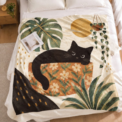 Couverture en flanelle à motif de chat abstrait (1 pièce) – Réversible ; design bohème artistique avec feuilles tropicales et soleil. Douce et confortable pour le salon et la chambre. Idéal comme cadeau ou pour un usage quotidien. Lavable à la machine. Convient aux draps et au canapé.