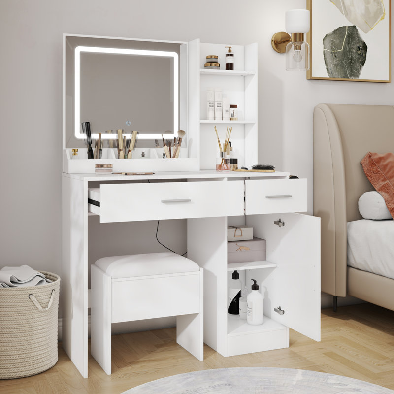 Lavin Makeup Vanity Set, Vanity Desk With Stool, LED Light Mirror And Charging Station, White, White