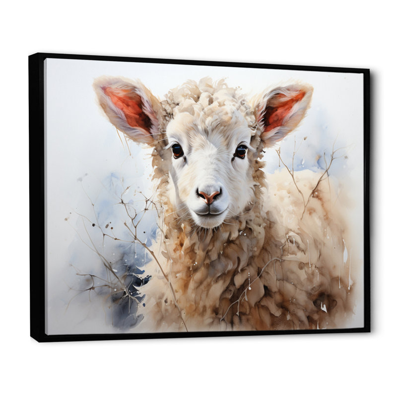 Mouton beige en hiver sur toile, H 24 po x l 32 po x P 1 po, Cadre flottant noir