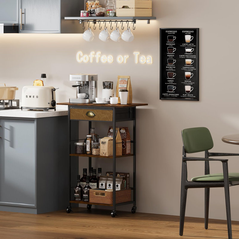 Coffee Bar Stand Station Cart with Storage Drawer -3 Tier, Extended Worktop Coffee Table,
